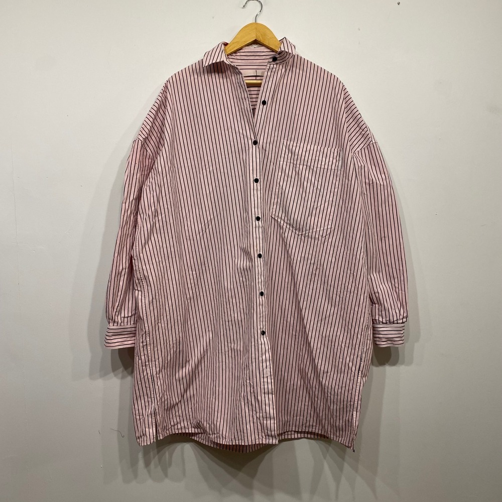 Creatures of Comfort Pink Striped Cotton Oversized Button Down Shirt Dress 4